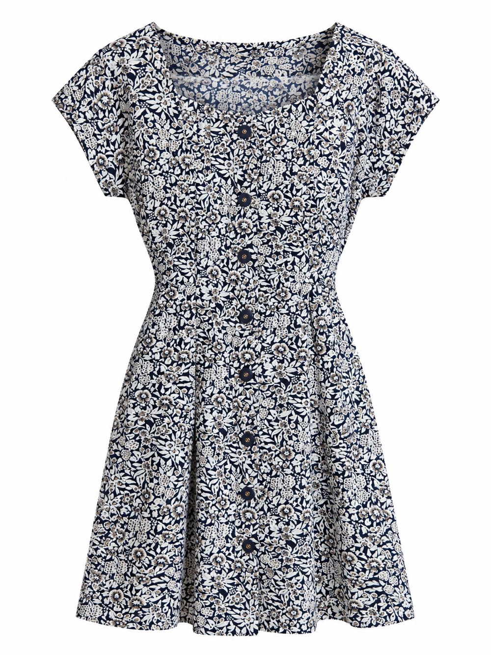 Vintage Navy Blue Floral Print Square Neck Button-Front Dress Size 4